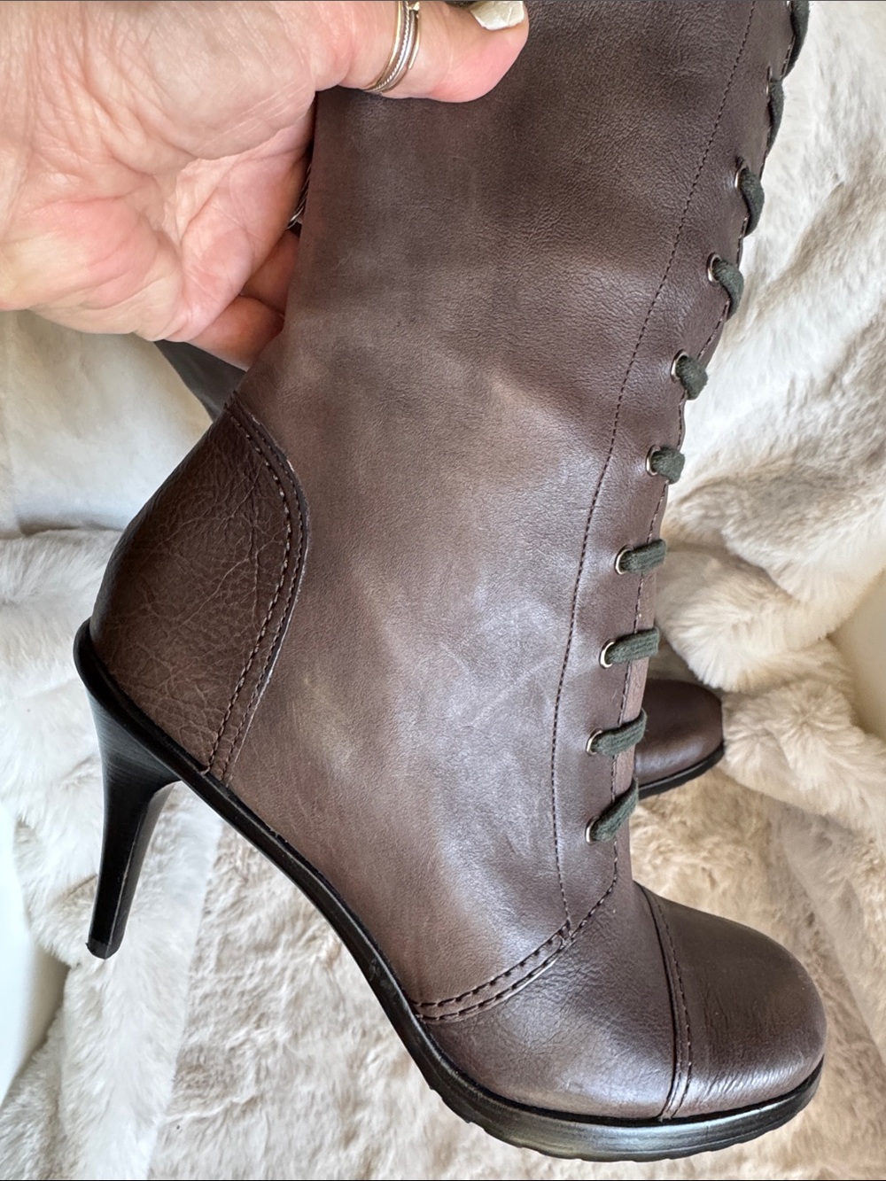 Via Spiga full Leather Tall Lace-Front Buckle Boots in Brown Taupe - Picture 8 of 15